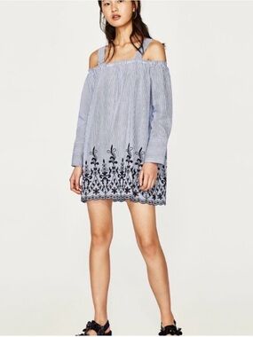 ZARA Collection B Blue Striped Off-Shoulder Dress with Navy Embroidery Size S